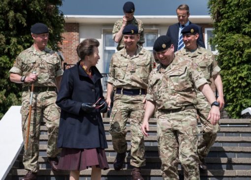 HRH, The Princess Royal being escorted by Officers of 1 Regiment Royal Logistic Corps at St Davids Barracks