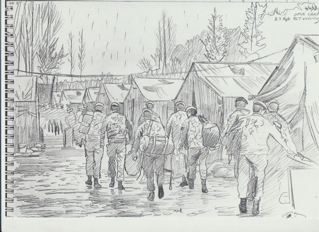 David sketched 27 Regiment on parade to mark the formation of The RLC at Omis Camp
