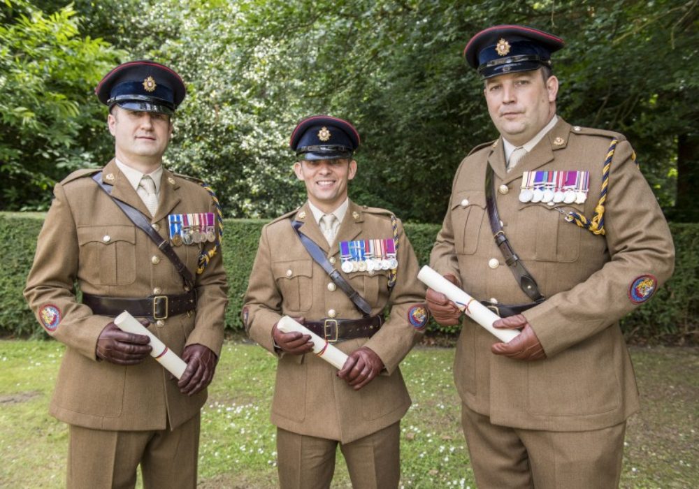 Parchments were presented to logistic specialist supply warrant officer Class 1 (WO1) Daniel Winfield, petroleum operator WO1 Paul Franks and ammunition technician WO1 Andrew Bannister. Pics: Corporal Ben Beale/ MoD Crown