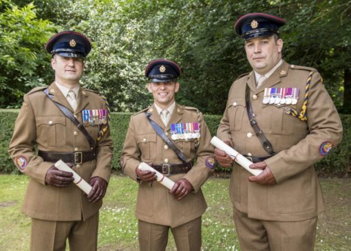 Parchments were presented to logistic specialist supply warrant officer Class 1 (WO1) Daniel Winfield, petroleum operator WO1 Paul Franks and ammunition technician WO1 Andrew Bannister. Pics: Corporal Ben Beale/ MoD Crown