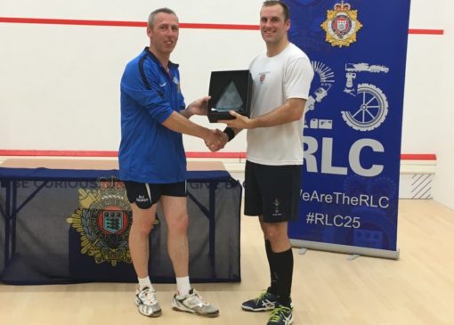 SSgt Dean Boys receiving the RLC Squash Open Champion trophy