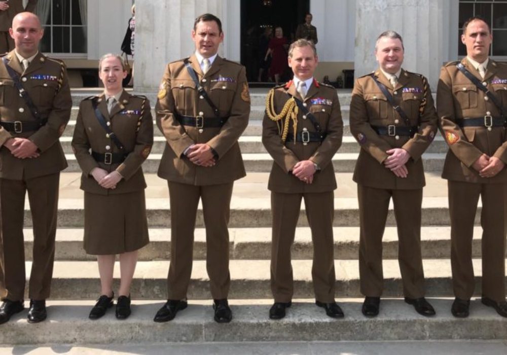 WO1 (RSM) Robinson, WO1 (RSM) Cox, Army SM, CGS, WO1 (Cdr) Ladell and WO1 (SSM) Dickinson at Sandhurst